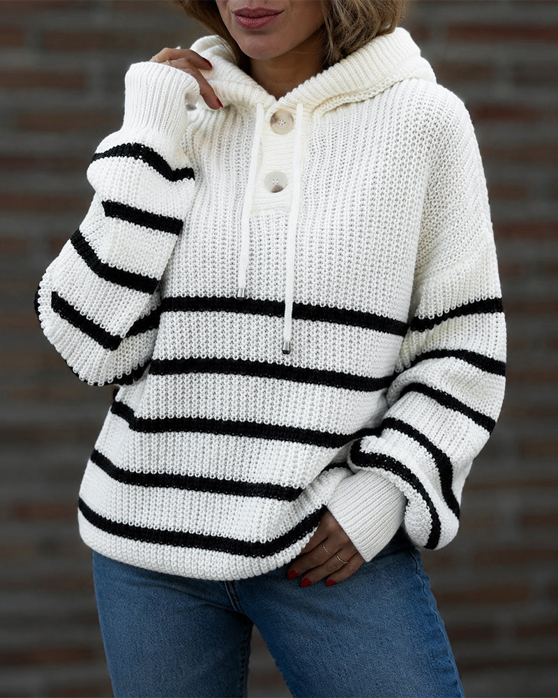 Women's Striped Henley Drawstring Hooded Sweater Loose Fit Lantern Sleeve Knit Pullover