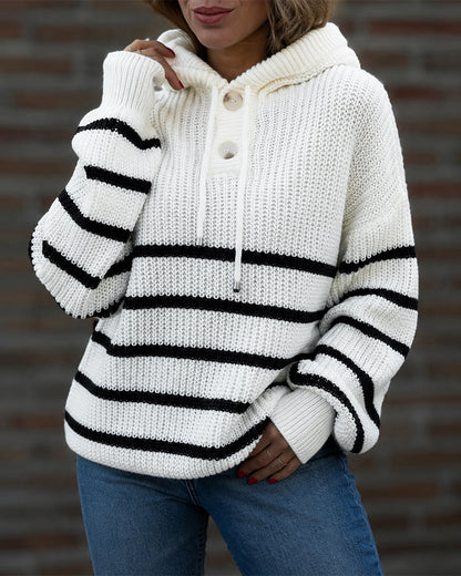 Women's Striped Henley Drawstring Hooded Sweater Loose Fit Lantern Sleeve Knit Pullover