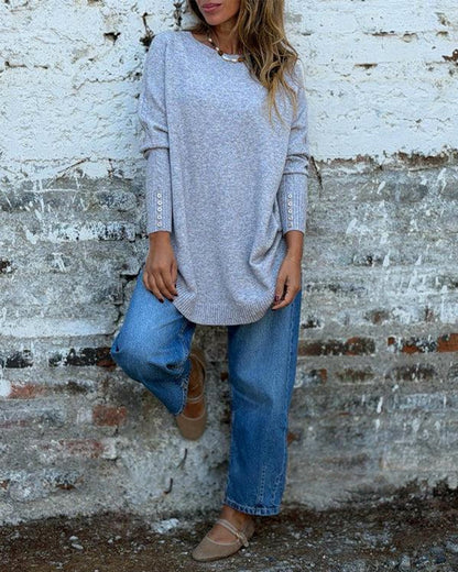 Women's Oversized Sweater Button Decor Crewneck Curved Hem Dropped Shoulder Loose Soft Pullover