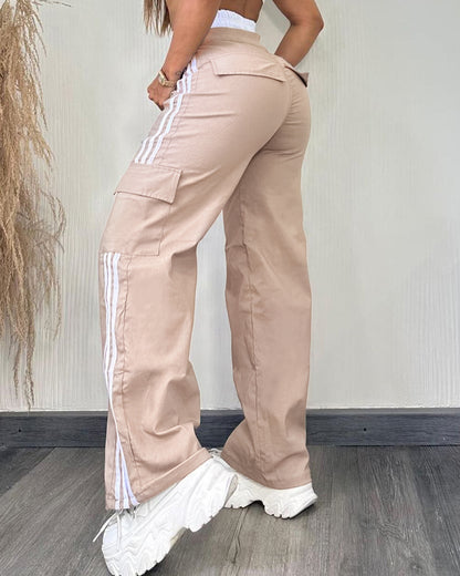 Contrast Side Striped Zipper Fly Stretchy High Waist Pants Flap Pockets Design Double Waistband Cargo Pants