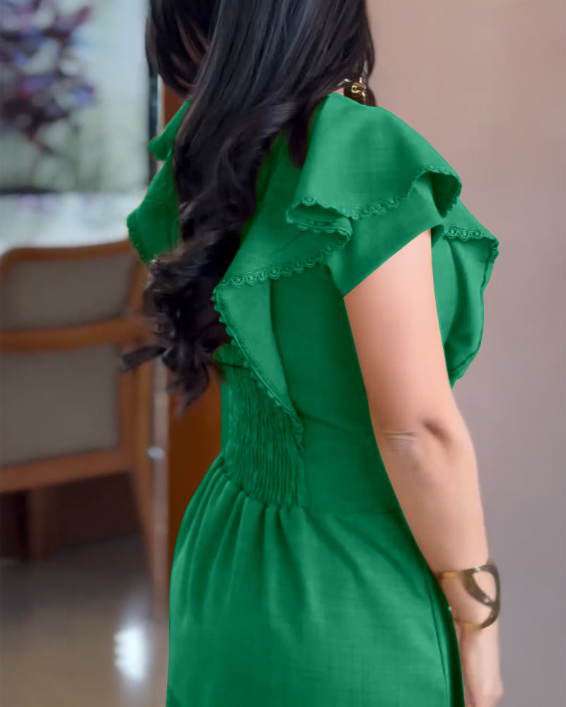 Butterfly Sleeve Hollow-out Back Shirred Work Dress Casual Cinched Waist Lace Trim Ruffle Hem Dress