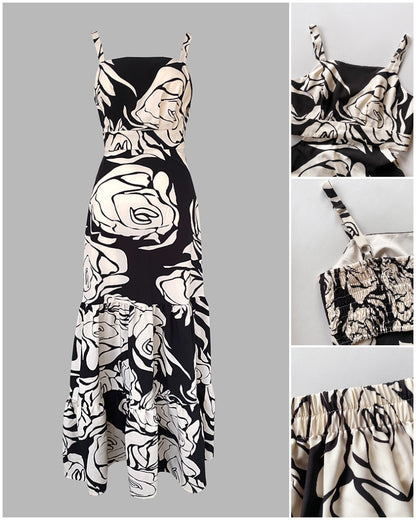 Floral Print Adjustable Straps Cutout Waist Shirred Backless Maxi Dress Casual Elastic Back Waist Ruffle Hem Vacation Dress