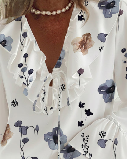 Watercolor Floral Print Ruffles Spliced V-Neck Long Sleeve Tie Font Blouse Casual Double Layer Flared Cuffs Loose Fit Top