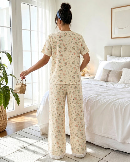 Women's 2 Piece Ditsy Floral Lace Trim Pajamas Set Tie Front Top and Wide Leg Pants Casual Loungewear