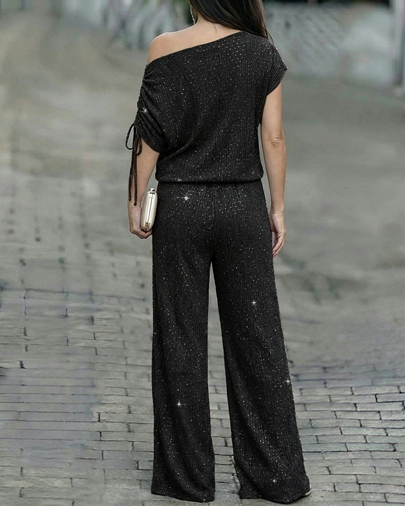 Conjunto elegante de descanso de 2 piezas con pedrería para mujer, top de escote asimétrico y pantalón de pierna ancha, atuendo para ir al trabajo con bolsillos