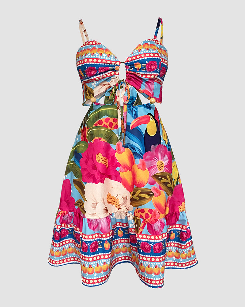 Tropical Print Sweetheart Neck Adjustable Spaghetti Strap Hollow Out Ruffle Hem Dress Casual Backless Tied Detail Cutout Waist Stretchy Back Vacation Dress