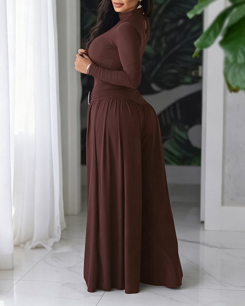 Women's 2 Piece Outfits Mock Neck Long Sleeve Slim Bodysuit and Rhinestone Ruched Wide Leg Pants Set