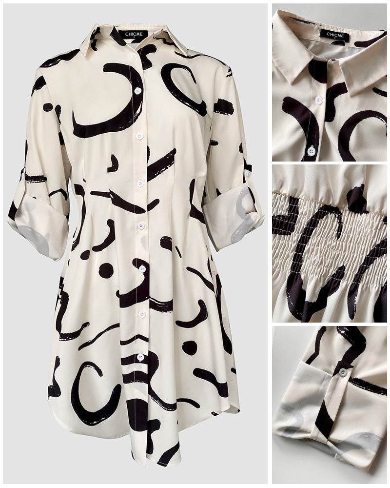 Abstract Print Turn-down Collar Turn-Up Sleeves Shirred Back Dress Casual Button Down Cinched Waist Curved Hem Shirt Dress