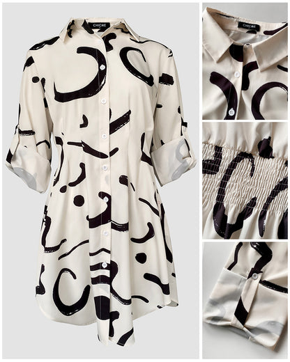 Abstract Print Turn-down Collar Turn-Up Sleeves Shirred Back Dress Casual Button Down Cinched Waist Curved Hem Shirt Dress