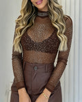 Women's Rhinestone Mock Neck Mesh Top Sexy Sheer Long Sleeve See Through Tee Sparkly Party Nightclub Top