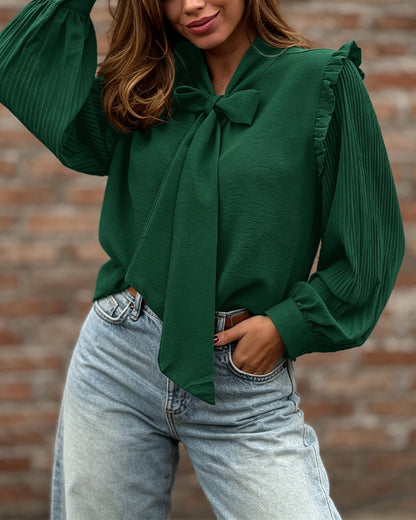 Women's Tie Neck Frill Trim Pleated Long Lantern Sleeve Chiffon Blouse