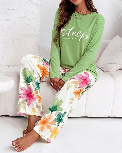 Women's 2 Piece Pajama Set Letter Long Sleeve Top and Floral Straight Leg Pants Casual Loungewear