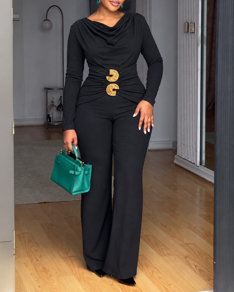Women's Long Sleeve Cowl Neck Ruched Jumpsuit with Gold Buckle Accent