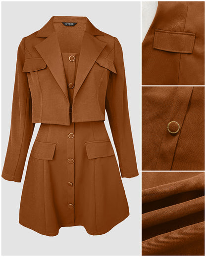 Conjunto de 2 piezas para mujer: minivestido de línea A con tirantes ajustables y botones decorativos y blazer corto