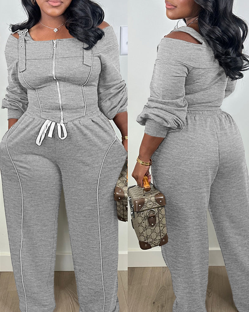 2 Pieces Outfit Trendy Long Sleeve Cold Shoulder Top and Drawstring Waist Pants with Pockets