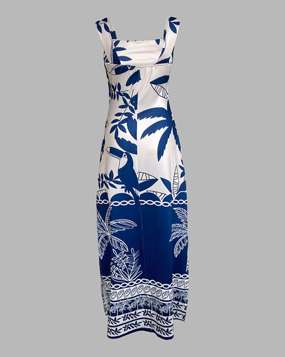 Women's Tropical Placement Print Maxi Dress Thick Strap Backless Slit Vacation Dress Slim Fit Sundress with Pockets