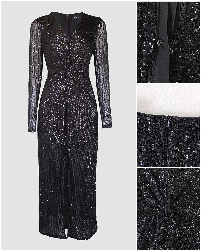 Allover Sequin Overlap Deep V-Neck Puff Sleeve High Slit Evening Dress Twist Front Cinched Waist Party Dress