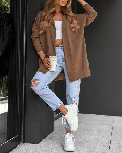 Women's Hooded Open Front Casual Loose Mid-Length Coat with Pockets
