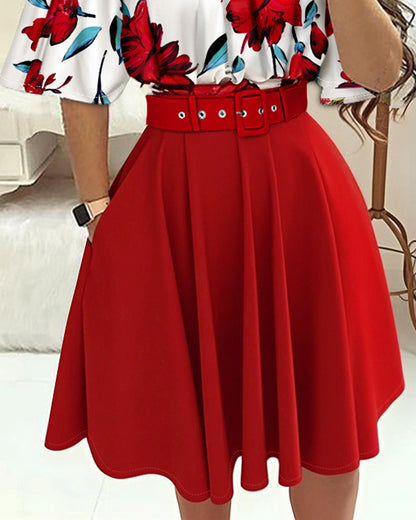 2 Pieces Outfit Floral Print Bell Sleeve Hollow-out Back Shirred Back Hem Top and Casual A-line Skirt Set with Belt