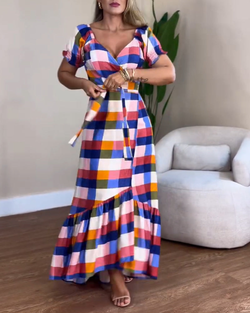 Colorful Plaid Print Overlap V-Neck Puff Sleeve Wrap Lace-Up Vacation Dress Casual Bow Tie Waist Ruffle Hem Maxi Dress