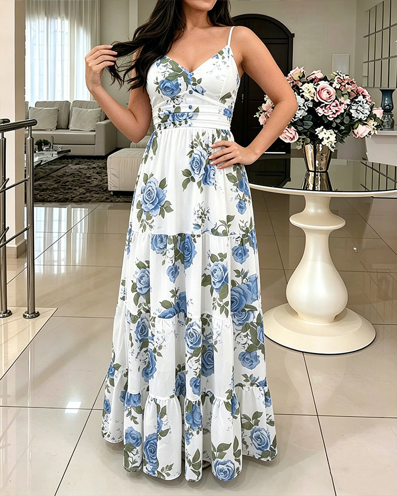 Women's Floral Print Maxi Dress Ruffle Hem Cami Dress V Neck Shirred Summer Vacation Boho Long Dress with Built-In Bra