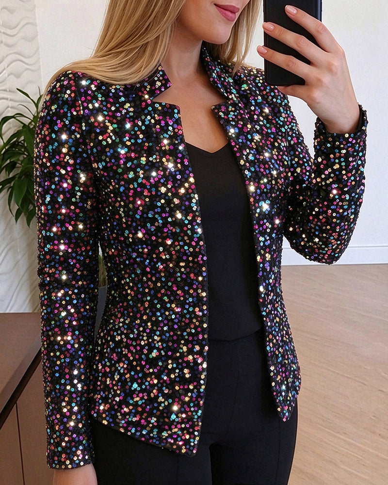 Damen-Blazerjacke mit allover bunten Pailletten, Stehkragen und offener Vorderseite