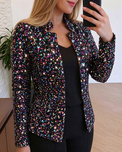 Damen-Blazerjacke mit allover bunten Pailletten, Stehkragen und offener Vorderseite