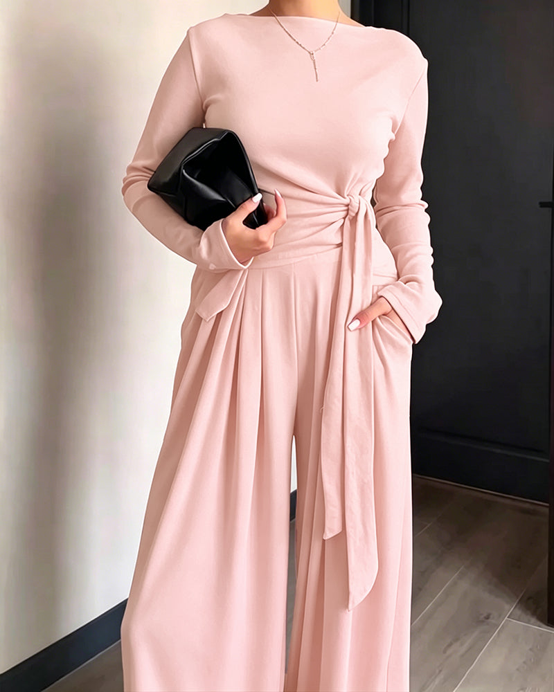 Women's 2 Piece Knit Lounge Set Long Sleeve Tie Waist Top and High Waisted Wide Leg Pants Casual Soft Sweatsuit with Pockets