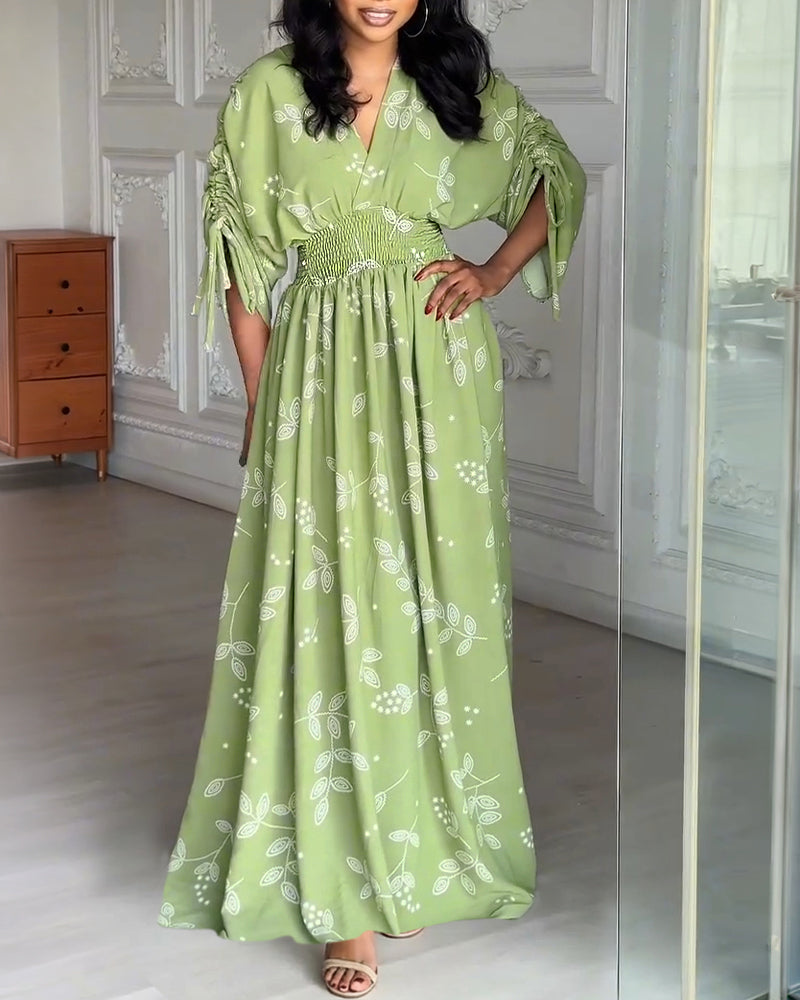 Plants Print Overlap V-Neck Drawstring Sleeve Shirred Waist Maxi Dress Casual Cinched Waist Zipper Back Vacation Dress