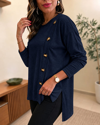 Women's Side Button Detail High-Low Split Hem Loose Tee Drop Shoulder Casual Top