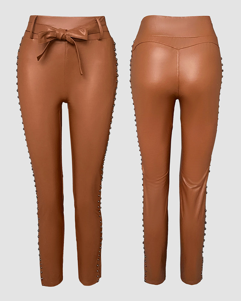 Studded Tied Detail PU Leather Slim Fit Side Sllit High Waist Pants Elegant Pants