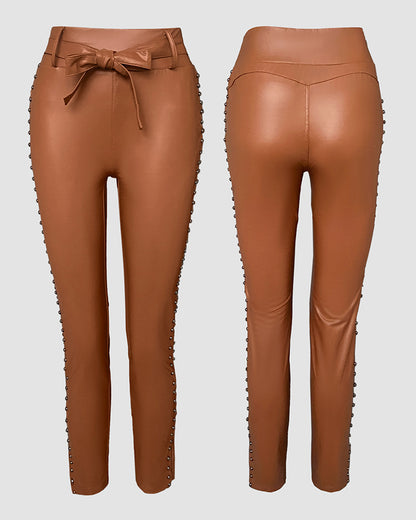Studded Tied Detail PU Leather Slim Fit Side Sllit High Waist Pants Elegant Pants