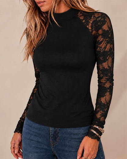 Women's Mock Neck Lace Raglan Long Sleeve Slim Fit Top