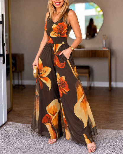 Women's Vintage Floral Print Mesh V-Neck Shirred Waist Wide-Leg Jumpsuit with Lining