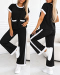 Women's Contrast Binding Two-Piece Set Short Sleeve Top and Wide Leg Pants