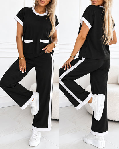 Women's Contrast Binding Two-Piece Set Short Sleeve Top and Wide Leg Pants