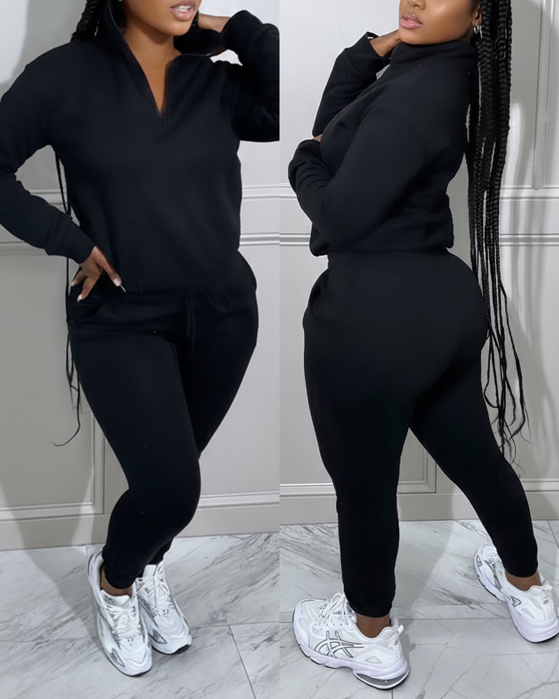 2 Pieces Outfit High Neck Half Zip Drop Shoulder Top and Drawstring Elastic Waist Slim Fit Jogger Pants Set Casual Tracksuit