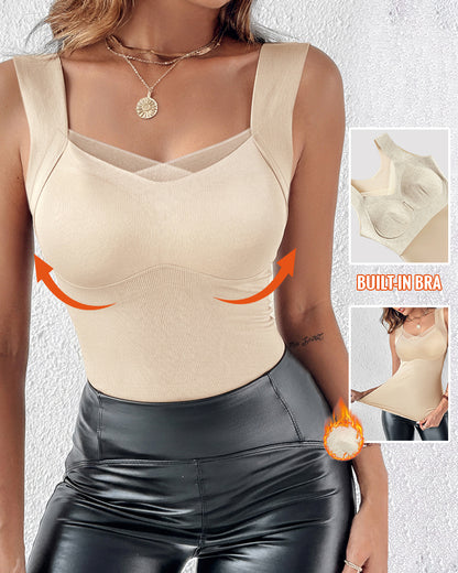 Sheer Mesh Spliced V Neck Sleeveless Built In Bra Tank Casual Warm Fleece Lined Slim Fit Top