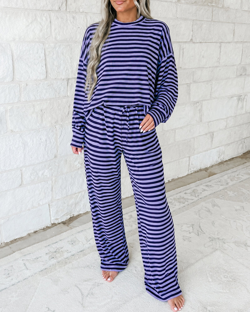 Women's 2 Piece Striped Outfits Long Sleeve Crewneck Top and Wide Leg Pants Set