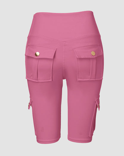 Tummy Control Butt Lifting Active Shorts High Waist Flap Pocket Workout Bermuda Cargo Running Shorts