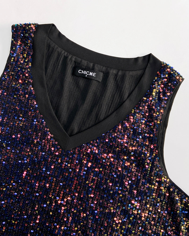 V-Neck Allover Sequin Thick Strap Sleeveless Tank Casual Top