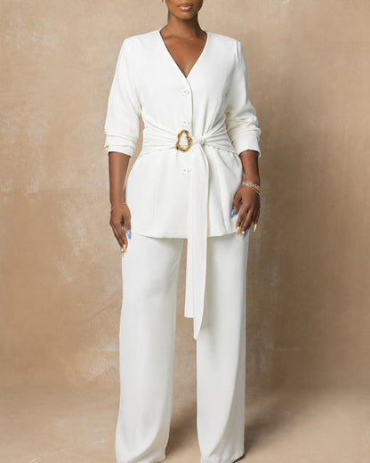 Women's Two Piece Suit Set V Neck Tie Waist Blazer and High Waisted Straight Leg Pants Elegant Business Set