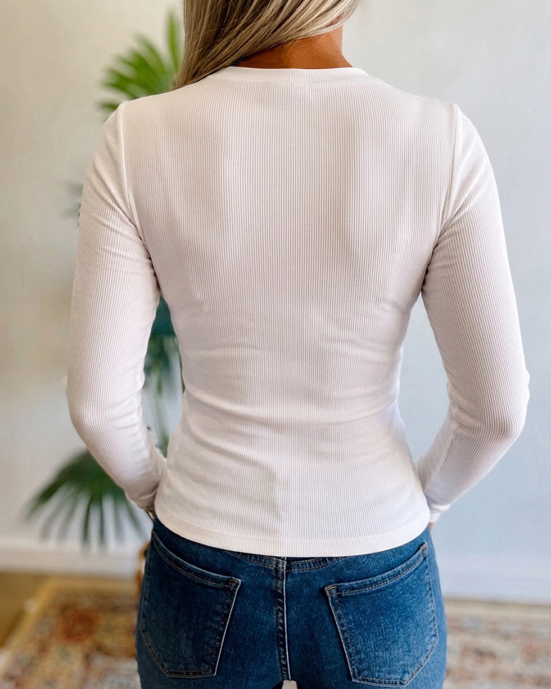 Women's Pearl Rhinestone Hollow-out Long Sleeve Ribbed Fitted Top