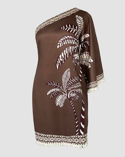 Tropical Print One Shoulder Side Zipper Fringe A Line Dress