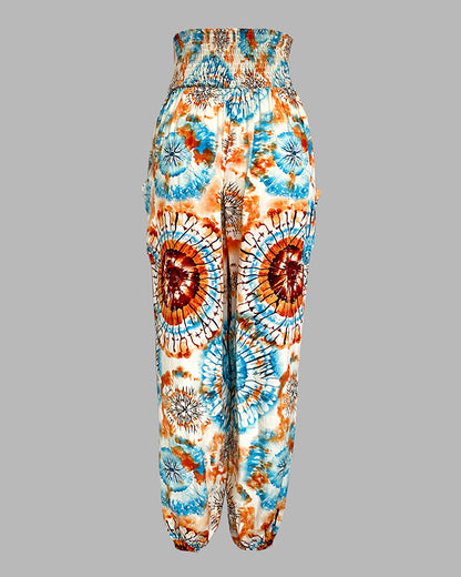 Tie Dye Print Shirred High Waist Cinched Hem Long Pants Vacation Pants with Pocket