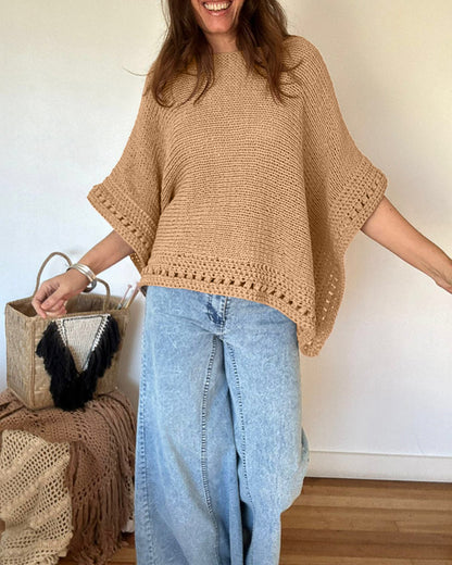 Solid Batwing Sleeve Hollow Out Crochet Pattern Top Casual Cover Up