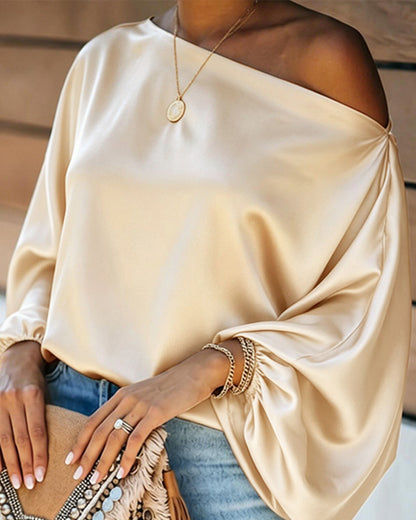 Women's Off Shoulder Satin Blouse Lantern Long Sleeve Shirt Casual Loose Fit Skew Neck Top