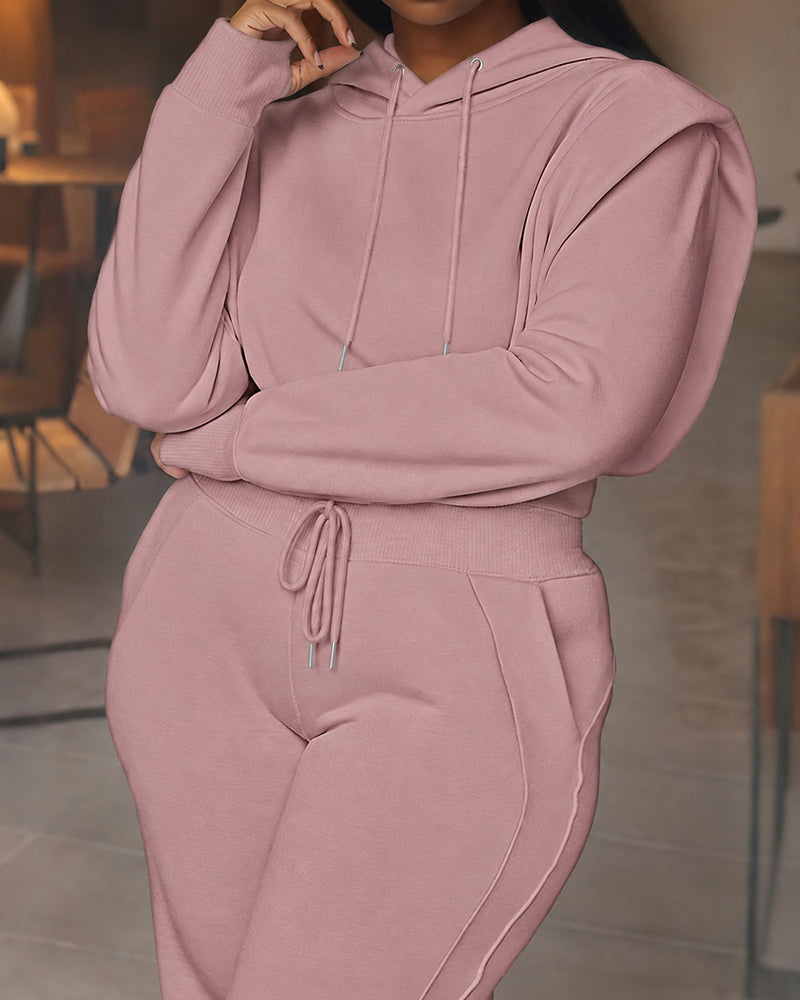 2-teiliges Outfit, langärmliges, kurzes Kapuzenpullover-Sweatshirt mit Kordelzug, Bündchen mit Daumenlöchern und lässigem Jogginghosen-Set mit Kordelzug und elastischer Taille mit weitem Bein 