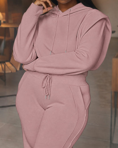 2-teiliges Outfit, langärmliges, kurzes Kapuzenpullover-Sweatshirt mit Kordelzug, Bündchen mit Daumenlöchern und lässigem Jogginghosen-Set mit Kordelzug und elastischer Taille mit weitem Bein 