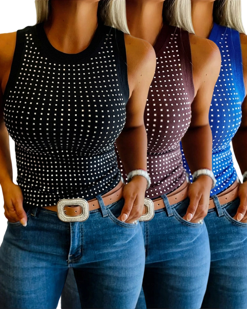 3 Pack Women's Rhinestone Sleeveless Ribbed Fitted Tank Tops